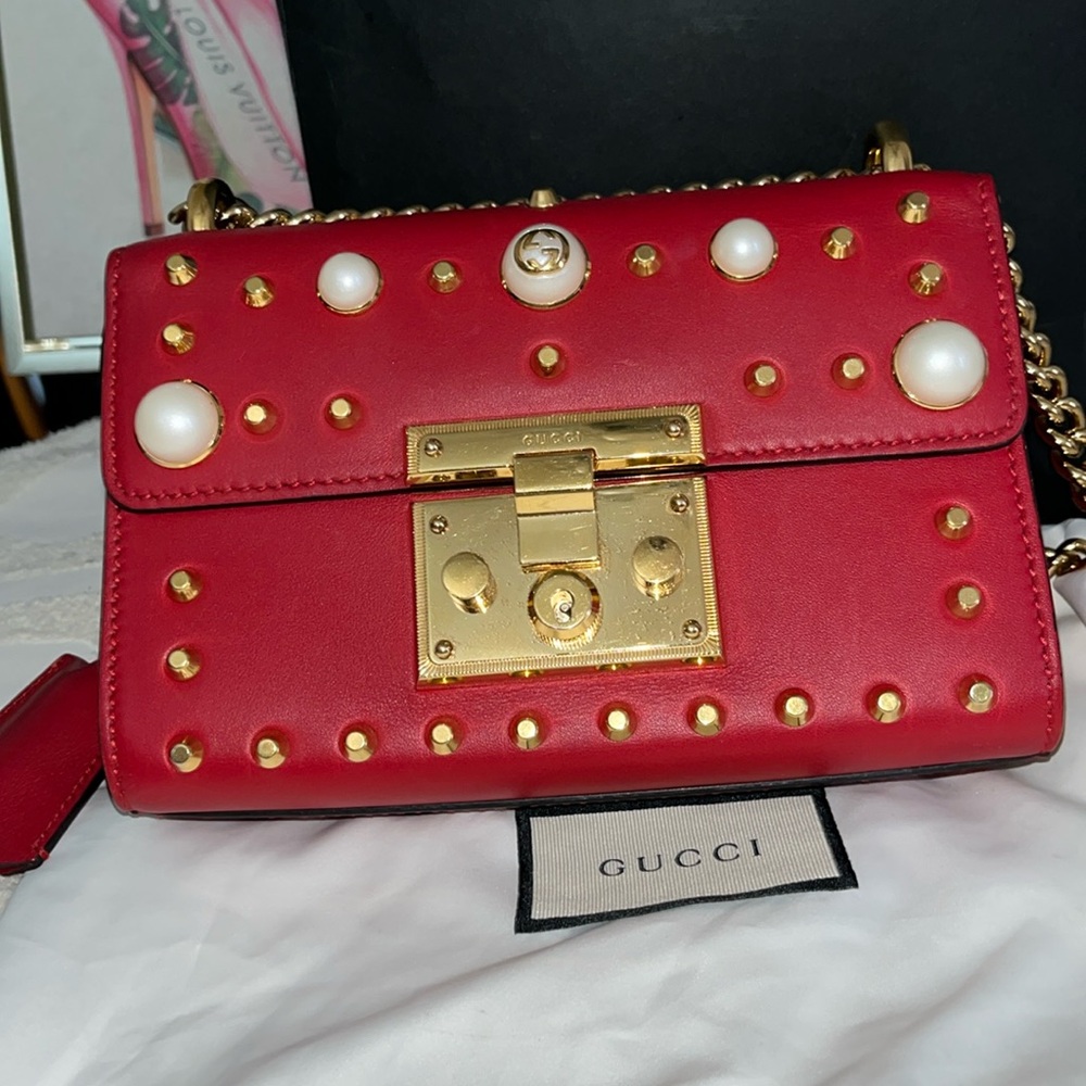 Pre-Loved Gucci Small Pearl Studded Leather Padlock Crossbody